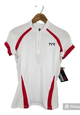 #ad #ad New TYR Carbon Cycle Jersey Womens S Cycling White Red Triathlon Training Shirt $40.00