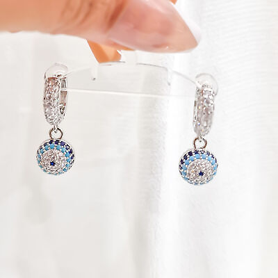 #ad Silver Crystal Evil Eye Hoops Turkish Eye Earrings Silver Plated Blue Crystals GBP 19.00