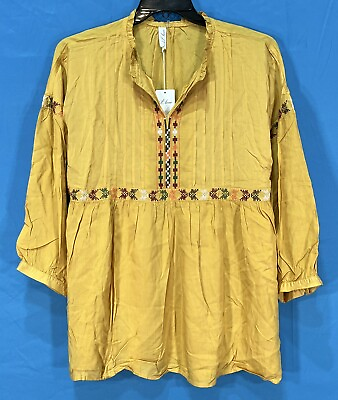 #ad NWT L LOVE Gold Multi EMBROIDERED Lightweight Twill 3 4 SLEEVE Peasant Top Sz L $9.00