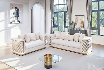 #ad NEW 2PC White Cream Gold Sofa Loveseat Luxe Velvet Contemporary Living Room Set $2149.99
