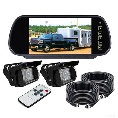 #ad 7quot;Touch Button Car Monitor Mirror 2x Backup Camera 2x 10m 12 24v Trailer Tractor $74.99