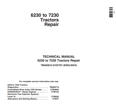 #ad John Deere 6230 6330 6430 7130 7230 Tractor Technical Service Manual TM400819 $199.99