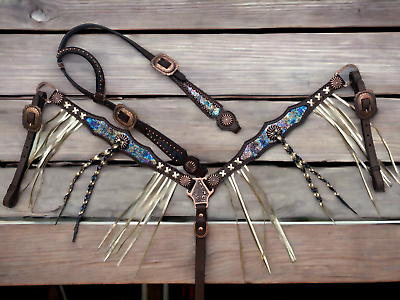 #ad Genuine Leather Fringe Headstall and Breast Collar Horse Tack Set Decorate MOUSM $199.00