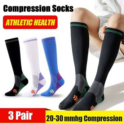 #ad 3 Pair Pressure Socks 20 30 Mmhg Compression Hose Support Socks Knee High Men $19.98