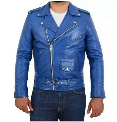 #ad Mens Brando Genuine Leather Jacket Motorcycle Perfecto Blue Marlon Jacket New $114.79
