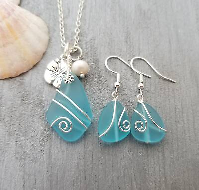 #ad Made in Hawaii Wire wrapped blue sea glass necklace earrings jewelry set $72.98