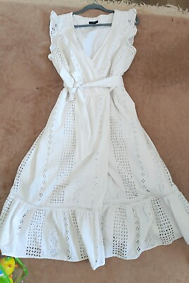 #ad JCrew Women#x27;s Cotton Embroidered Dress 14 Size White Wrap Midi $38.00