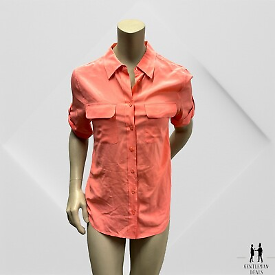 #ad Equipment Femme Silk Short Sleeve Collared Button Up Blouse Top Pink Size S $79.90