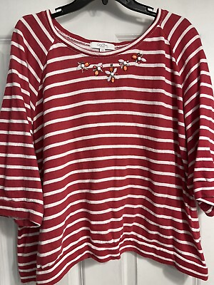 #ad Coral Bay Women 2X Red White Striped Shirt Beaded Rhinestone Beach $11.25