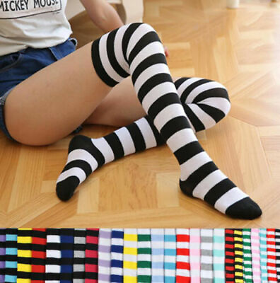 #ad Fashion Women#x27;s Cotton Socks Thigh High Striped Over the Knee Slim Leg Stockings $4.99