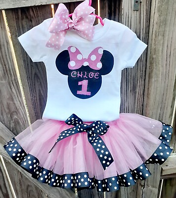 #ad Minnie Mouse Birthday Outfit Girl Personalized Tshirt Skirt Bow Set Hand Made $49.00