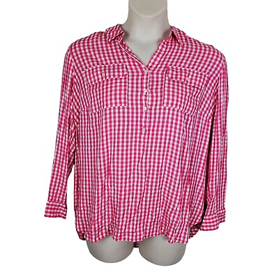 #ad Talbots Shirt Top Womens 1X Pink White Check Collared Long Sleeve Regular Fit $20.70