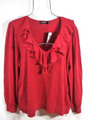 #ad Lauren Ralph Lauren Women#x27;s 2X Red Knit Top Ruffle V Neck Blouse Shirt $125 NWT $44.00