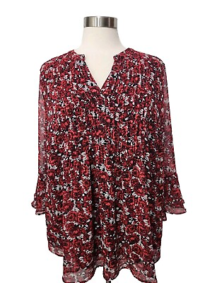 #ad Charter Club Womens Top 2X Red Floral Pintucks Lined Long Bell Sleeve Babydoll $11.18