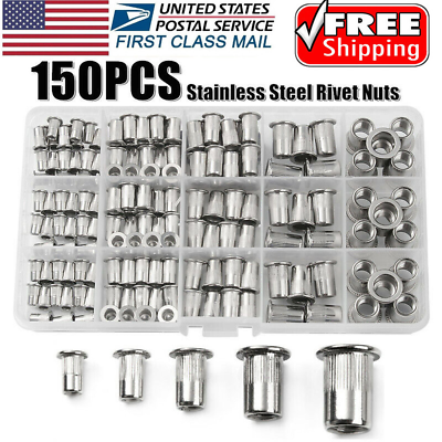 #ad 150Pcs Rivet Nuts Stainless Steel Threaded Insert Nut Nutsert Rivnuts Flat Head $16.12