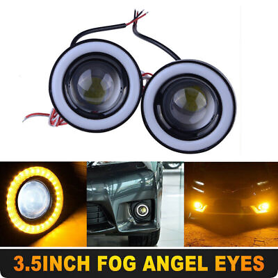 #ad 2X 89mm Car Projector LED Fog Light Lamp Round Yellow Halo Angel Eye Ring Bulbs $22.73