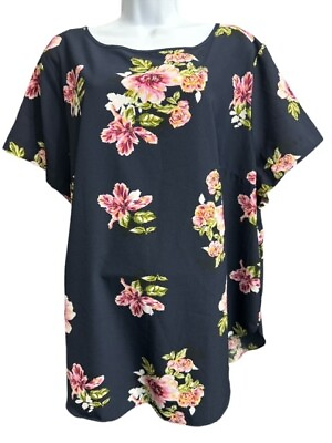 #ad AVA amp; VIV Top size 2X Navy Blue amp; Pink Floral Roomy Back Buttons Shirt Blouse $6.95