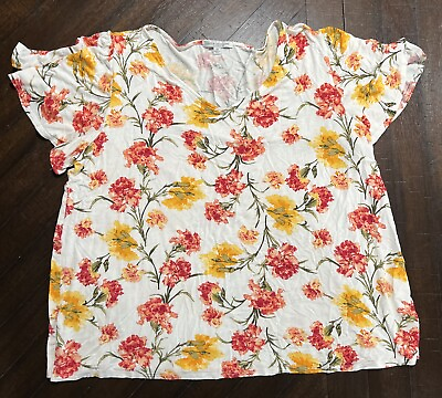 #ad Green Envelope Women’s Top Blouse Short Sleeves Size 2X White Floral EUC $19.99