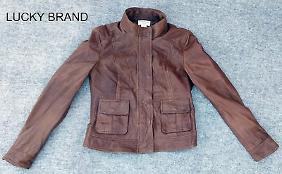 #ad Lucky Brand Collection Leather Jacket Size Medium Brown Zippered Sleeve $75.00