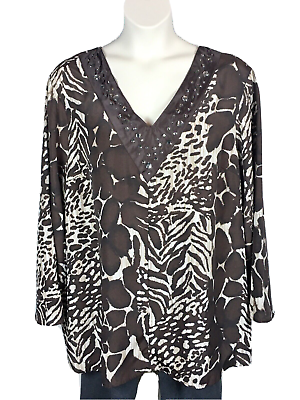#ad Womens Brown Print V Neck Tunic Blouse Plus Size 2X Beaded Neckline Long Sleeve $17.98