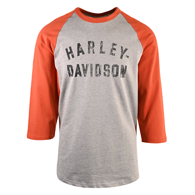 #ad Harley Davidson Men#x27;s T Shirt Orange White Colorblock 3 4 Sleeve Raglan S34 C $52.50