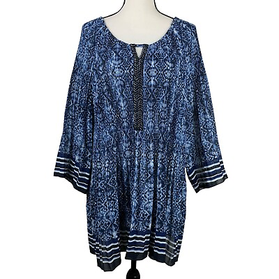 #ad Catherines Women#x27;s Tunic Top 2X 22 24W Blue 3 4 Sleeve Crinkle Beaded Blouse $23.99