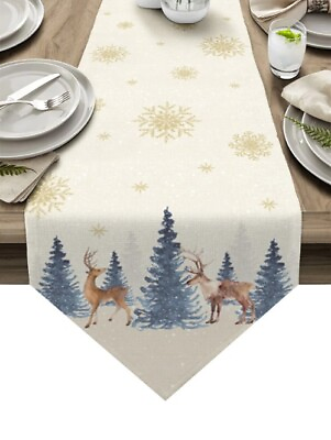 #ad Christmas Snowflake Elk Linen Table Runner Party Dustproof Table Runners Decor $19.58