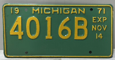 #ad Vintage 1971 Michigan Mint Green and Yellow License Plate 4016B Exp Nov 14 $24.99