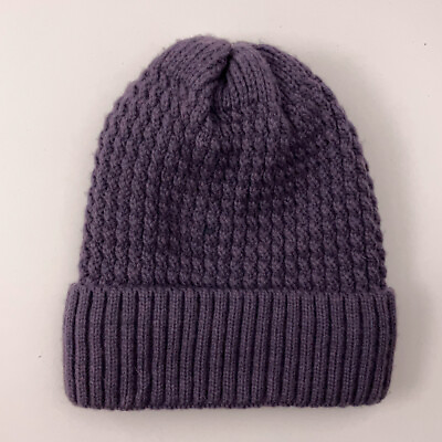 #ad Purple ribbed cuff with basket pattern winter hat fuzzy warm interior $16.34