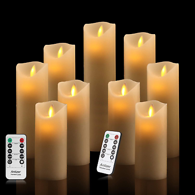 #ad 9 Pcs Flameless Candles Battery Operated Ivory Real Wax Pillar LED Timer Remote $51.43