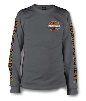 #ad Harley Davidson Men#x27;s Long Sleeve Orange Bar amp; Shield Grey Shirt 30291963 $39.95