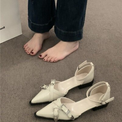 #ad Women Fashion Buckle Pump French Flat Heel Pointy Toe Ankle Strtap Shoes Dress $44.16