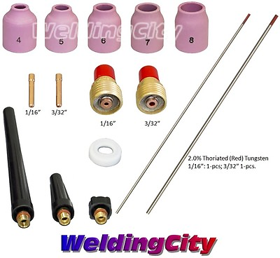 #ad WeldingCity 15 pcs Gas Lens Tungsten Red Kit 1 16 3 32quot; TIG Weld Torch 9 20 T50A $17.99