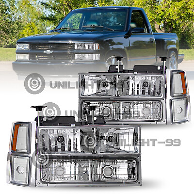 #ad For 1994 1998 Chevy C K Tahoe Chrome Amber Bumper Lamps Headlights 94 98 8pcs $73.99