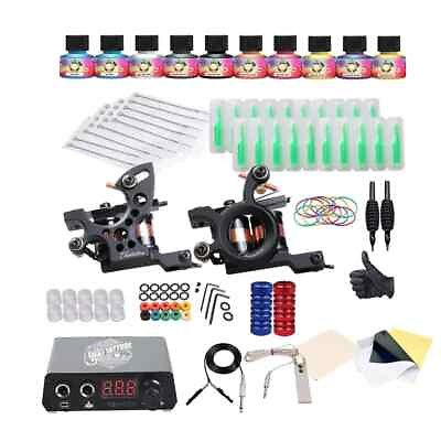#ad Beginner Tattoo Kit Set 2 Machine Gun Color Ink Power Supply Needle Grip Tip Box $27.99