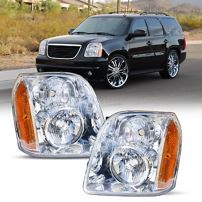 #ad Headlights For 2007 2014 GMC Yukon XL 1500 2500 Headlamps Chrome Amber $89.99