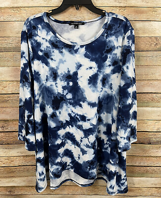 #ad Zac amp; Rachel Womens Size 2X Tie Dye Blue and White Pullover 3 4 Sleeve Hi Lo Top $18.99
