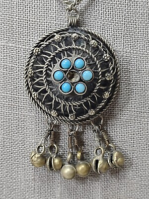 #ad Vintage Paiute Native Caged Jingle Necklace Wire Turquoise Dome Statement Piece $140.00