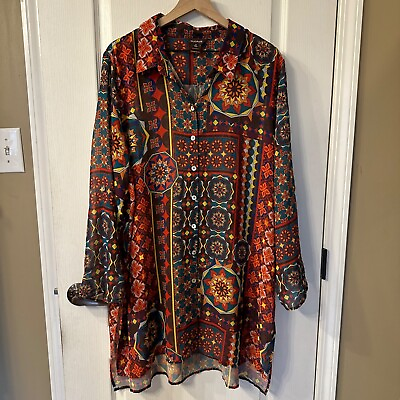#ad Multiples 2X Colorful Kaleidoscope Long Sleeve Button Up Tunic Patchwork Retro $18.99