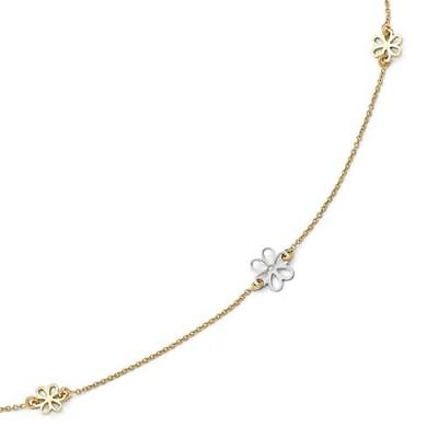 #ad 14k Two Tone Gold Diamond Cut Cable Link Open Flower Design Ankle Bracelet Gift $240.00