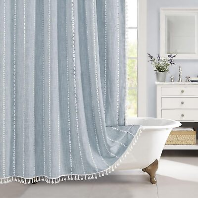 #ad MitoVilla Blue Boho Fabric Shower Curtain Modern Farmhouse Cotton Linen Shower $46.76