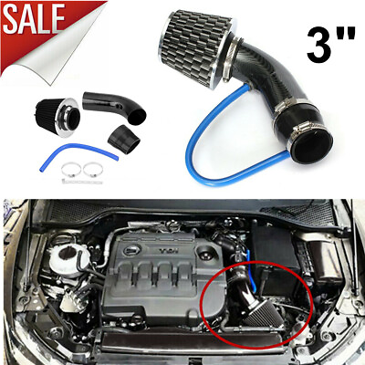 #ad 3quot; Carbon Fibre Car Cold Air Intake Filter Induction Pipe Power Flow Hose System $32.80