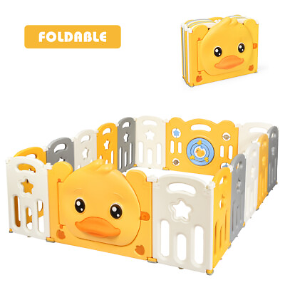 #ad Costway 16 Panel Foldable Baby Playpen Yellow Duck Yard Activity Center w Sound $155.99