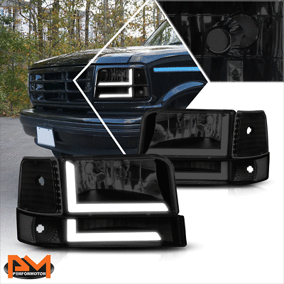 #ad For 92 96 Ford F150 F350 6Pcs Dual L Shape LED DRL Bumper Headlight Black Smoked $119.89
