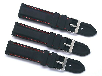 #ad Lot of 3pcs 20mm Black Rubber Red Stitching Watch Strap Silver Tone Buckle $11.35