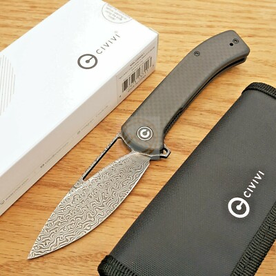 Civivi Riffle Folding Knife 3.5quot; Damascus Steel Blade G10 Carbon Fiber Handle $64.39