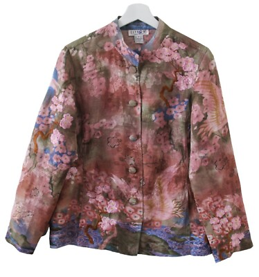 #ad Citron Linen Silk Jacquard Embroidered Cherry Blossom Crane Button Front Top M $51.97