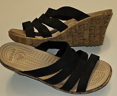 #ad Crocs A leigh Black Leaather 3quot; Cork Wedge Sandals Womens 10 Slip On Shoes $28.99