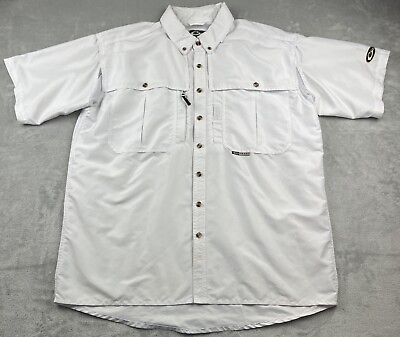 #ad Drake Waterfowl Lg Short Sleeve White Shirt Polyester Vented Zip Magnet Pocket $24.06