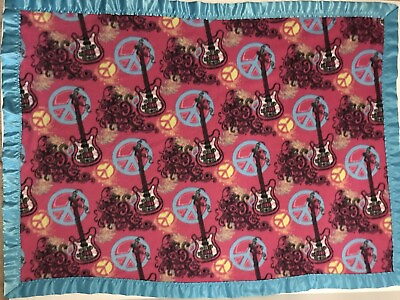 #ad Fleece Pink Baby Blanket with Satin Blue Trim 🎸 amp; ☮️ Signs Pattern.46x34 $15.00